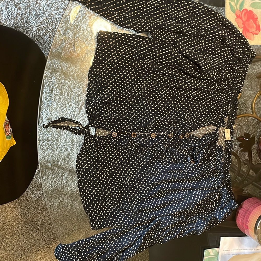 Off the shoulder long sleeve light weight blue with white dot mason&bell shirt